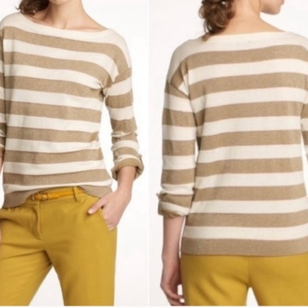 J. Crew cream and gold stripped light sweater with 3/4 sleeve option